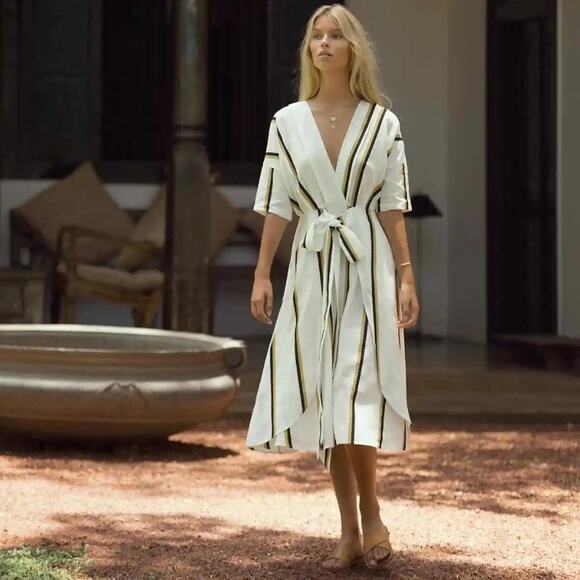 SANCIA Anika White Linen Blend Striped Waist Tie Midi Dress Size Medium - Picture 1 of 16